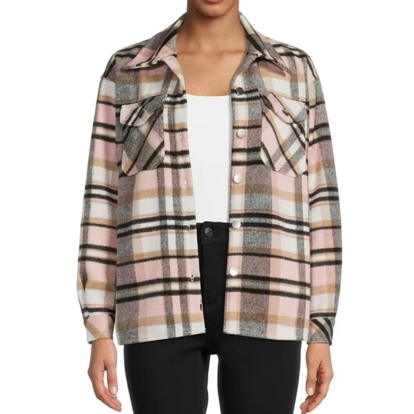 Nine Eight Tops - Plaid Shacket jacket shirt Wool blend Size Pink, gray M outdoors, coat, pockets